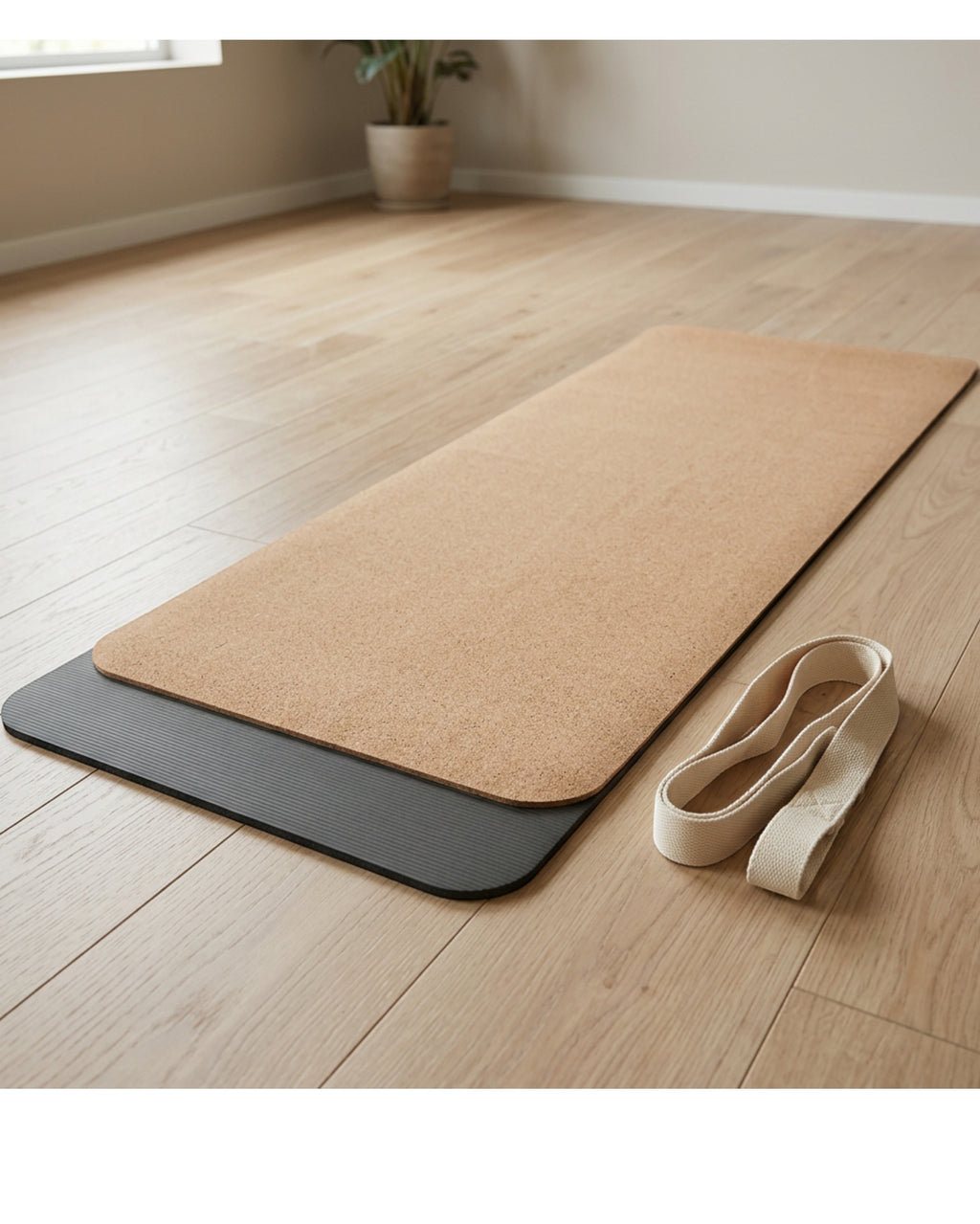 Tgbvk Cork TPE Yoga Mat with Cotton Carry Sling Natural Charcoal - Lifestyle view