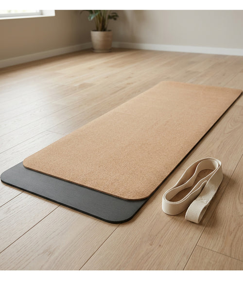 Tgbvk Cork TPE Yoga Mat with Cotton Carry Sling Natural Charcoal - Lifestyle view
